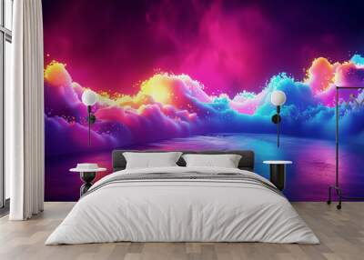 3d render abstract background with glowing neon lines black modern design product presentation ecommerce closeup shooting 4k ultra realism high detail pink blue color scheme curved path Wall mural