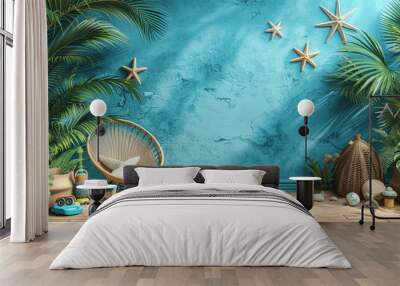 3D Summer Beach with Palm Trees, Deck Chair, Umbrella, Sand Toys, Blue Background, Tropical Vacation Concept Wall mural