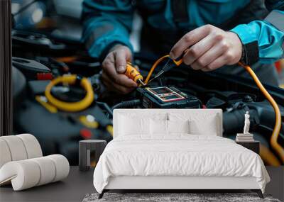 Car Mechanic Using Test Equipment in Garage to Check Battery and Electrical System Repair Maintenance Service Wall mural