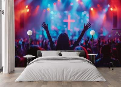 Christian worship service with people raising hands in church singing and praying to God with cross on stage community gathering on Easter or Sunday Wall mural