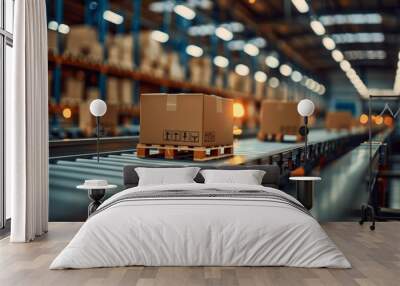 Closeup of Cardboard Boxes Moving on Conveyor Belt in Warehouse Fulfillment Center, Highlighting E-commerce, Delivery, Automation and Product Distribution Wall mural