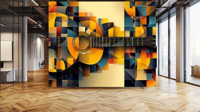 Cubist Acoustic Guitar Poster Design with Geometric Shapes in Yellow and Black Wall mural