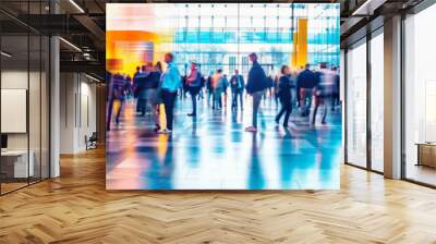 dynamic blurred motion of business people at modern conference hall with colorful glass panels in background Wall mural