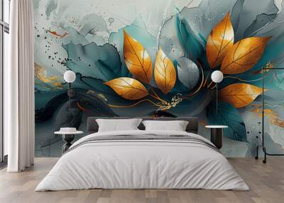 Elegant Abstract Botanical Art with Gold Leaves and Teal Accents on White Background Wall mural