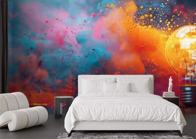 Exploding Light Bulb with Colorful Paint Splashes for Creative Ideas and Innovation Bright Banner Concept Wall mural