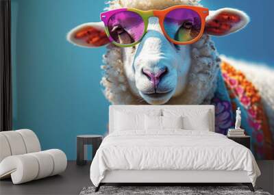 Fashionable Sheep in Sunglasses on Bright Blue Background Wall mural