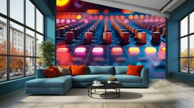 High-Resolution Professional Audio Mixing Console in Recording Studio with Colorful Lights Wall mural