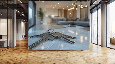 Keys on Table in Modern Apartment with Blurred Interior Background, Real Estate Investment and Mortgage Concept, Generative AI Wall mural