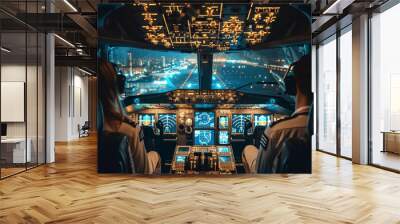 Night Flight Cockpit with Two Pilots Flying to Runway, Close-Up on Instruments, Hyper-Realistic Photography, Cinematic View Wall mural