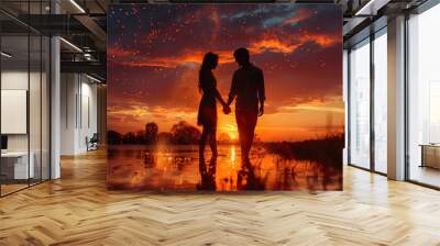 silhouette of young couple holding hands at sunset with burning particles by lake and meadow valentine's day concept Wall mural