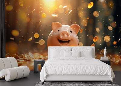 Smiling Piggy Bank with Golden Coins in Forest Background - Save Money and Enjoy Seasonal Sales Wall mural