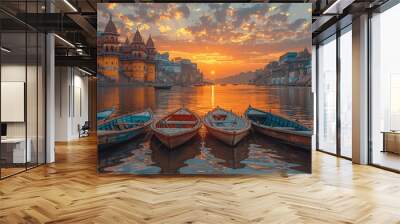 Varanasi Ganga River at Sunset Ancient Architecture and Boats Holy Manikarnika Ghat India Travel Photography Wall mural