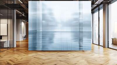 vertical linear glass background, blurred pane with lake in distance, minimalist light blue gray texture Wall mural