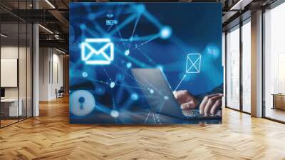 woman using laptop at home for communication and networking Wall mural