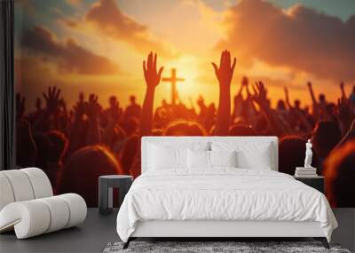 Worship Celebration at Sunset: Christians Raising Hands Towards the Cross Wall mural