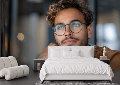 Young Intelligent Man with Glasses Thinking in Modern Office Wall mural