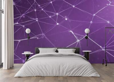 a close-up view of a network of interconnected white lines and dots, creating a complex and intricate pattern against a purple background. Wall mural