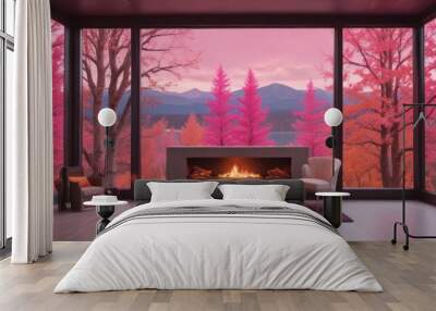 A modern living room with a fireplace, two chairs, and a large window offering a view of a forest with pink trees and a mountain range. Wall mural