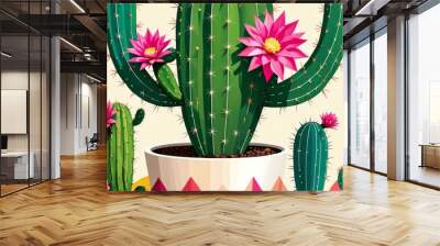 A stylized illustration cactus plant with pink flowers, set against a geometric background with a pink and black color scheme Wall mural