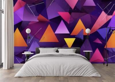 a vibrant and abstract pattern of overlapping triangles in various shades of purple, orange, and yellow, creating a visually striking and dynamic composition Wall mural