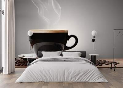 coffee cup with steam rising from it on wooden table Wall mural