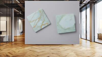 Two square coasters with marble patterns in light blue and light green are placed against a gray background. Wall mural