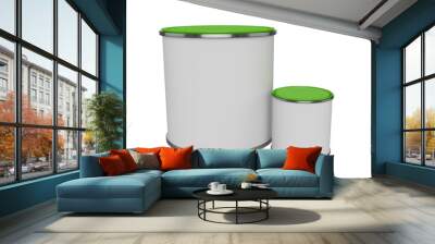 3D realistic render. Composition of two isolated paint can with green lid. Big and small. Design template. Wall mural