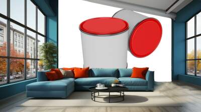 3D realistic render. Composition of two isolated paint can with red lid. Design template. Wall mural