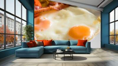 Double fried egg and bacon on dish for breakfast time Wall mural