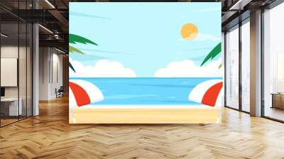 Beach landscape with two parasols and palm trees. Flat design vector illustration.  Wall mural