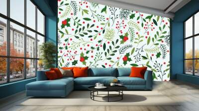 Seamless Christmas Pattern with Mistletoe, Spruce Branches, Green Leaves and Berries.  Wall mural