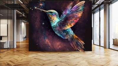 Abstract illustration of colibri bird in cosmic space. Glowing fantasy background. Generative ai. Wall mural