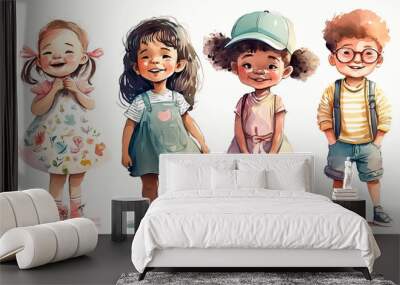 Cute little cartoon happy girls and boy with different hairstyles standing in a row smiling. Kids isolated on white. Generative ai Wall mural