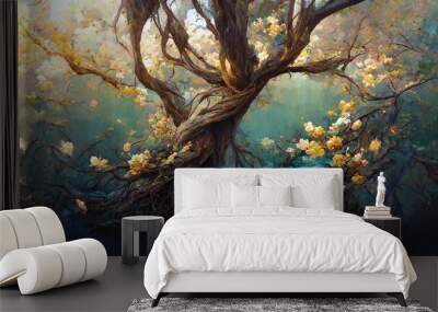 Digital art of blossom tree with yellow flowers, printable wall art, nature background or pattern Wall mural