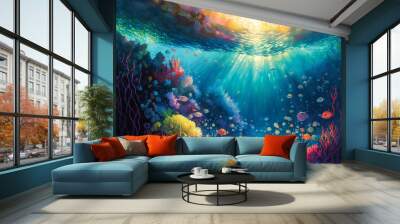 Digital illustration of underwater life, caribbean reef fishes. Sun rays through water, fantasy wallpaper. Wall mural