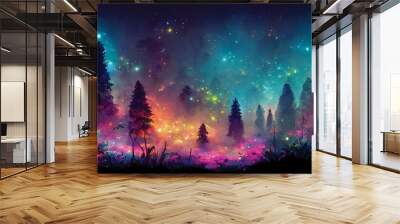 Fantasy landscape, magical night, fairy tale forest. Digital art, ai artwork, background or wallpaper Wall mural