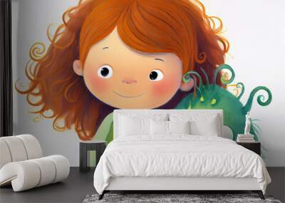 Little girl and a green monster on a white background. Fantasy illustration for children's book. Generative AI. Wall mural