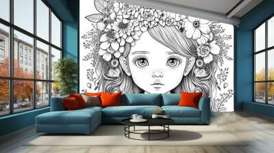 outline digital drawing, cartoon little girl with a flower wreath on his head, line art, coloring pa Wall mural