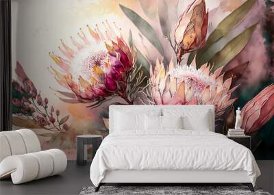 Protea flower still life. Floral digital painting in watercolor style. Generative AI. Wall mural