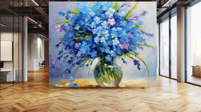 Still life with a bouquet of blue forget-me-nots flowers in a vase. Digital oil painting for print, impressionism, impasto. Generative AI Wall mural