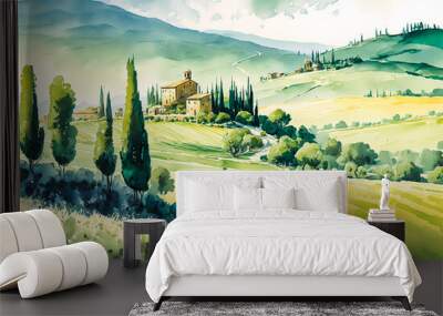 Tuscany scenery, italian village on green hill, printable digital watercolor art Wall mural