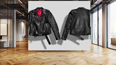 Classic black leather bikers' jacket with silk red lining shot from the front and the back isolated on white Wall mural