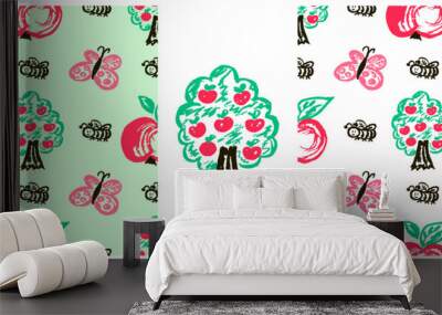 Children's drawings with wax crayons. Set Print Wall mural