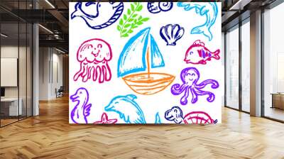 Cute children's drawing. Colored wax crayons. Icons, signs, symbols, pins. Marine elements. ship, jellyfish, octopus, whale, dolphin Wall mural