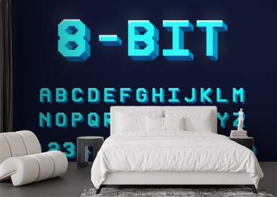 8-bit retro game neon font or type with letters, numbers, digits and symbols. Vector blue glowing alphabet and punctuation marks. Pixelized abc uppercase characters, signs in retro style isolated set Wall mural