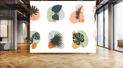 Abstract boho leaf and plant shapes, feature tropical foliage of palm trees and exotic flowers with colorful spots in natural tones, tapestry of nature, effortlessly blending into bohemian aesthetics Wall mural