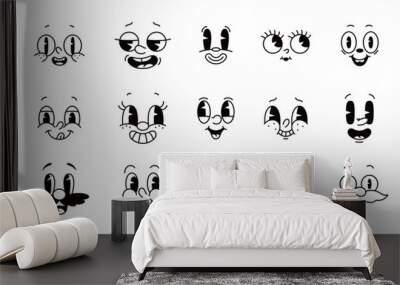 Cartoon comic groovy face emotions vector set, featuring lively expressions like joy, smile, surprise, and mischief. Whimsical characters feelings in retro funky style, monochrome personage emoticons Wall mural