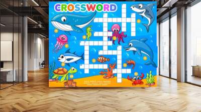 Cartoon funny underwater animals and fish crossword grid worksheet. Find a word quiz of sea wildlife. Vector puzzle game of dolphin, shark, octopus and whale, crab, shrimp, tuna and seahorse Wall mural