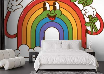 Cartoon retro groovy rainbow character. Cheerful rainbow personage sticker, retro funny character or vintage isolated vector groovy mascot with bouquet of chamomile flowers Wall mural