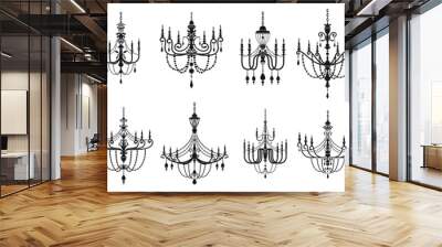 Chandelier silhouettes, crystal lamp lights black isolated vector icons. Vintage chandelier lamps or baroque interior candelabra with antique candlesticks, royal lampshades with candles Wall mural